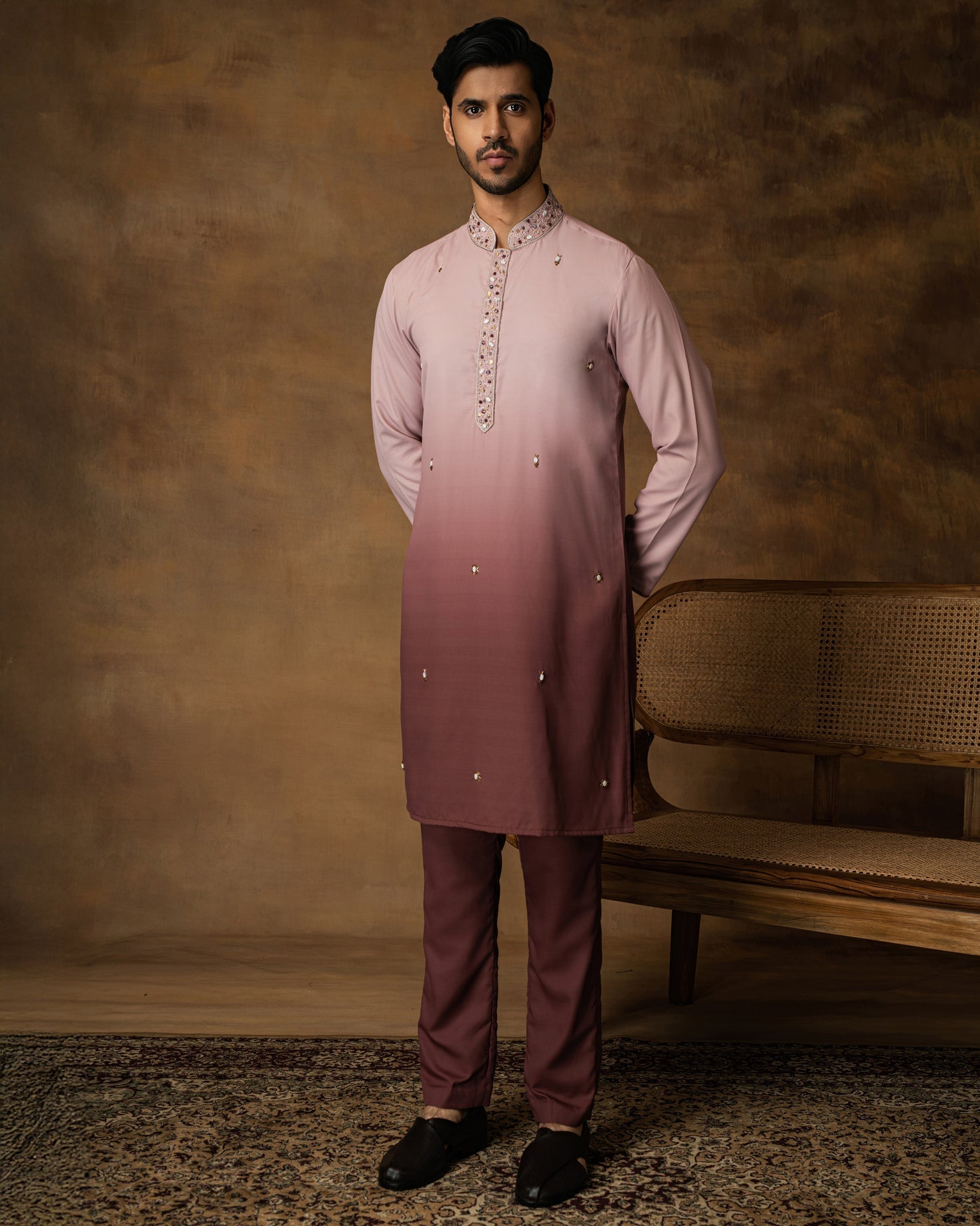 Salmon Pink Ombre Kurta Set For Men Front View