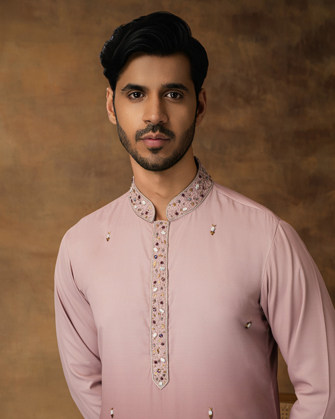 Salmon Pink Ombre Kurta Set For Men Close View