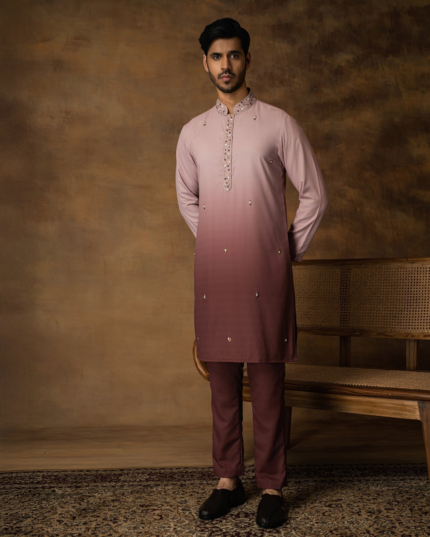 Salmon Pink Ombre Kurta Set For Men Side View
