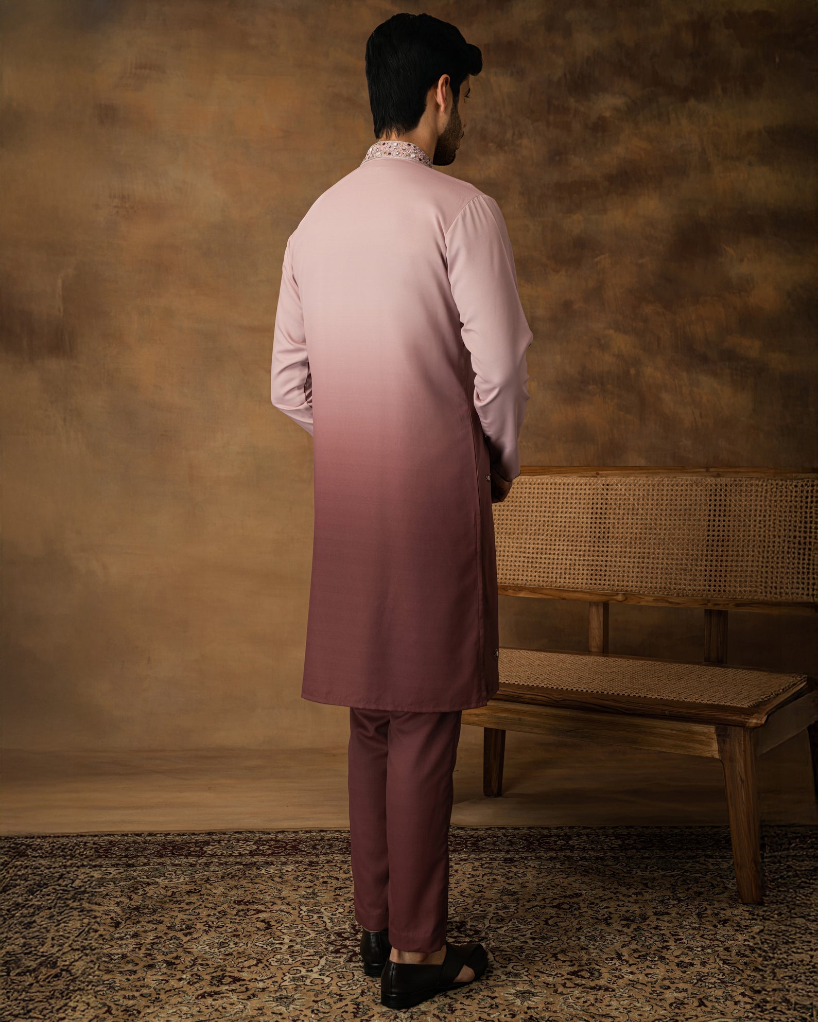 Salmon Pink Ombre Kurta Set For Men Back View