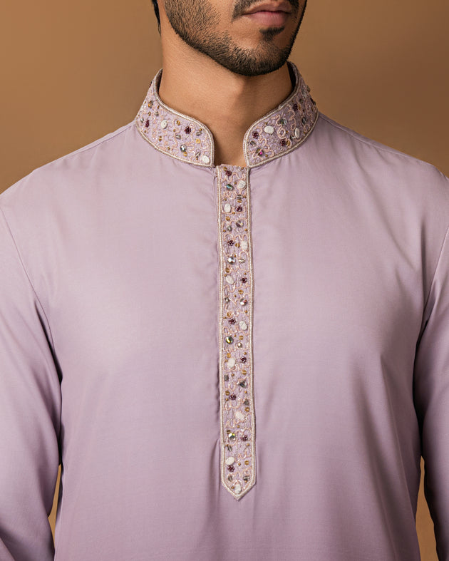Lavander Ombre Kurta Set For Men Close View