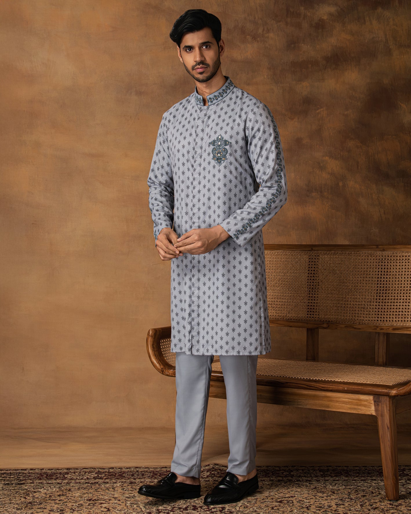Grey Booti Print Kurta Set For Men Front View