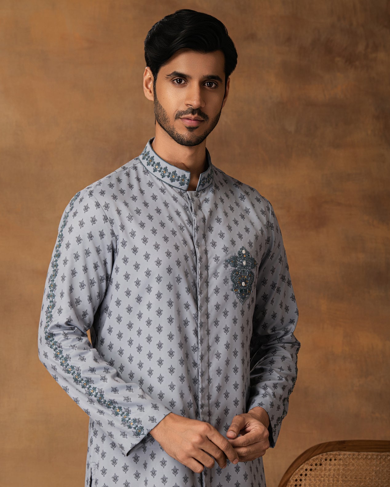 Grey Booti Print Kurta Set For Men Side View