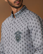 Grey Booti Print Kurta Set For Men Close View