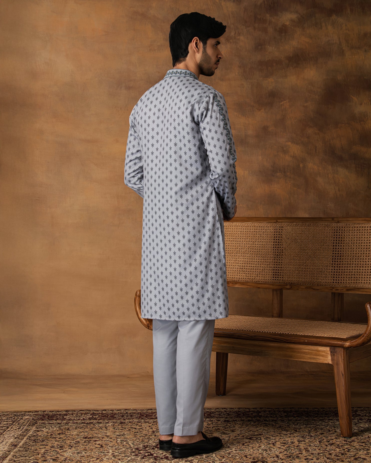Grey Booti Print Kurta Set For Men Back View