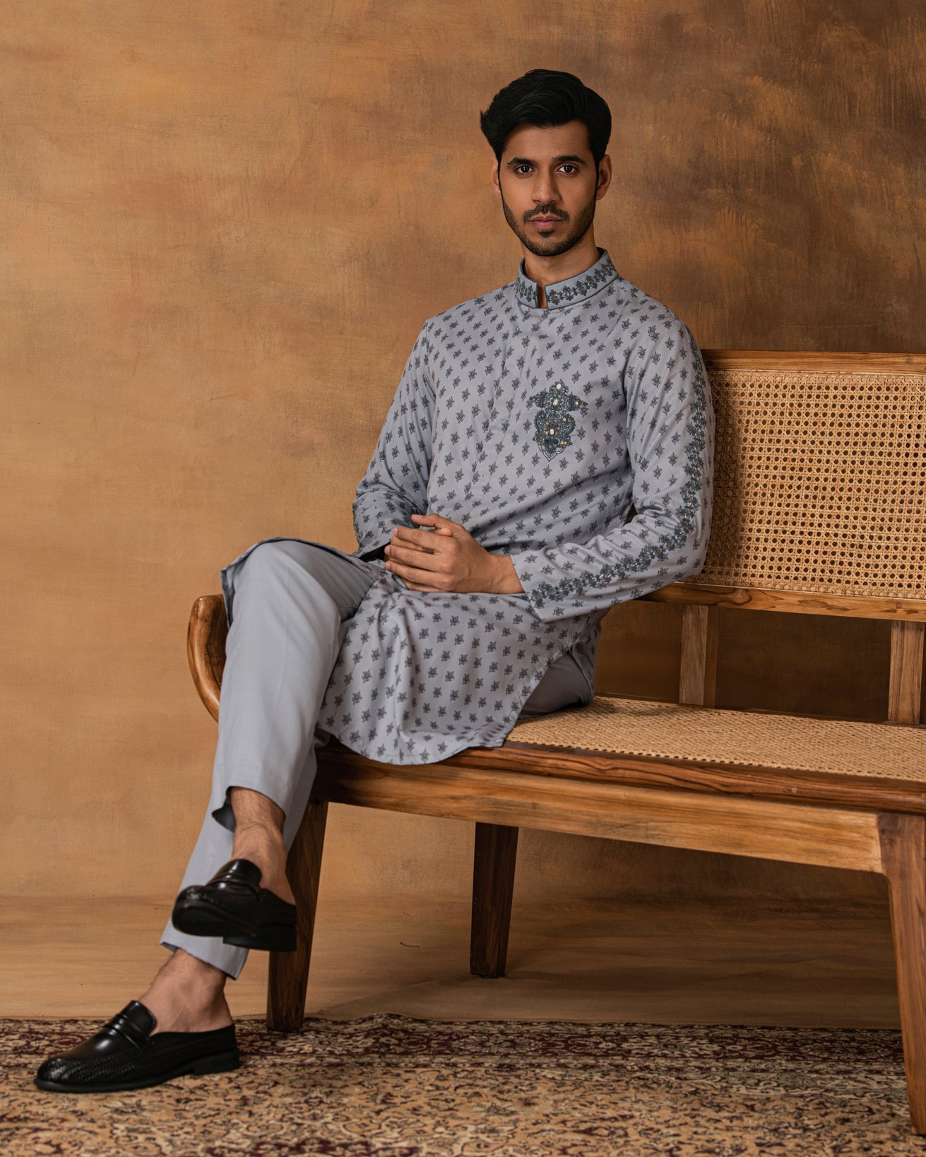 Grey Booti Print Kurta Set For Men Sitting View