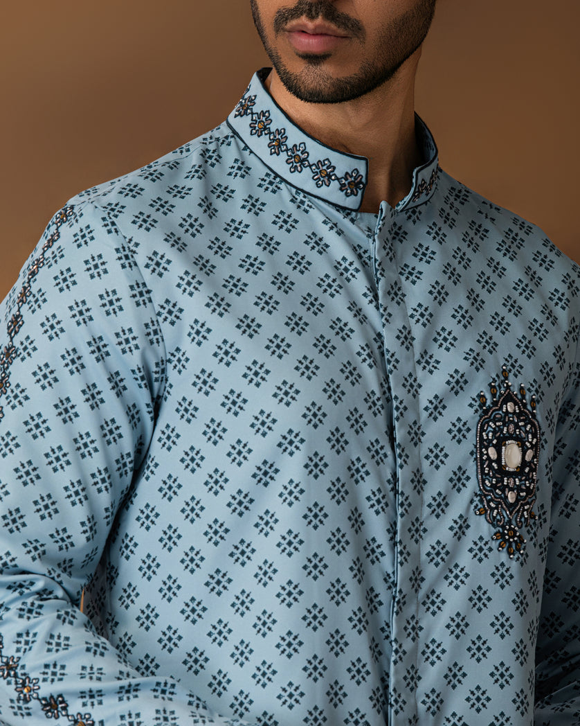 Powder Blue Booti Print Kurta Set For Men Close View