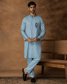 Powder Blue Booti Print Kurta Set For Men Front View