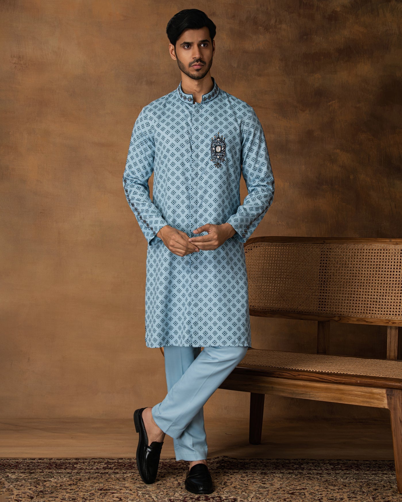Powder Blue Booti Print Kurta Set For Men Front View