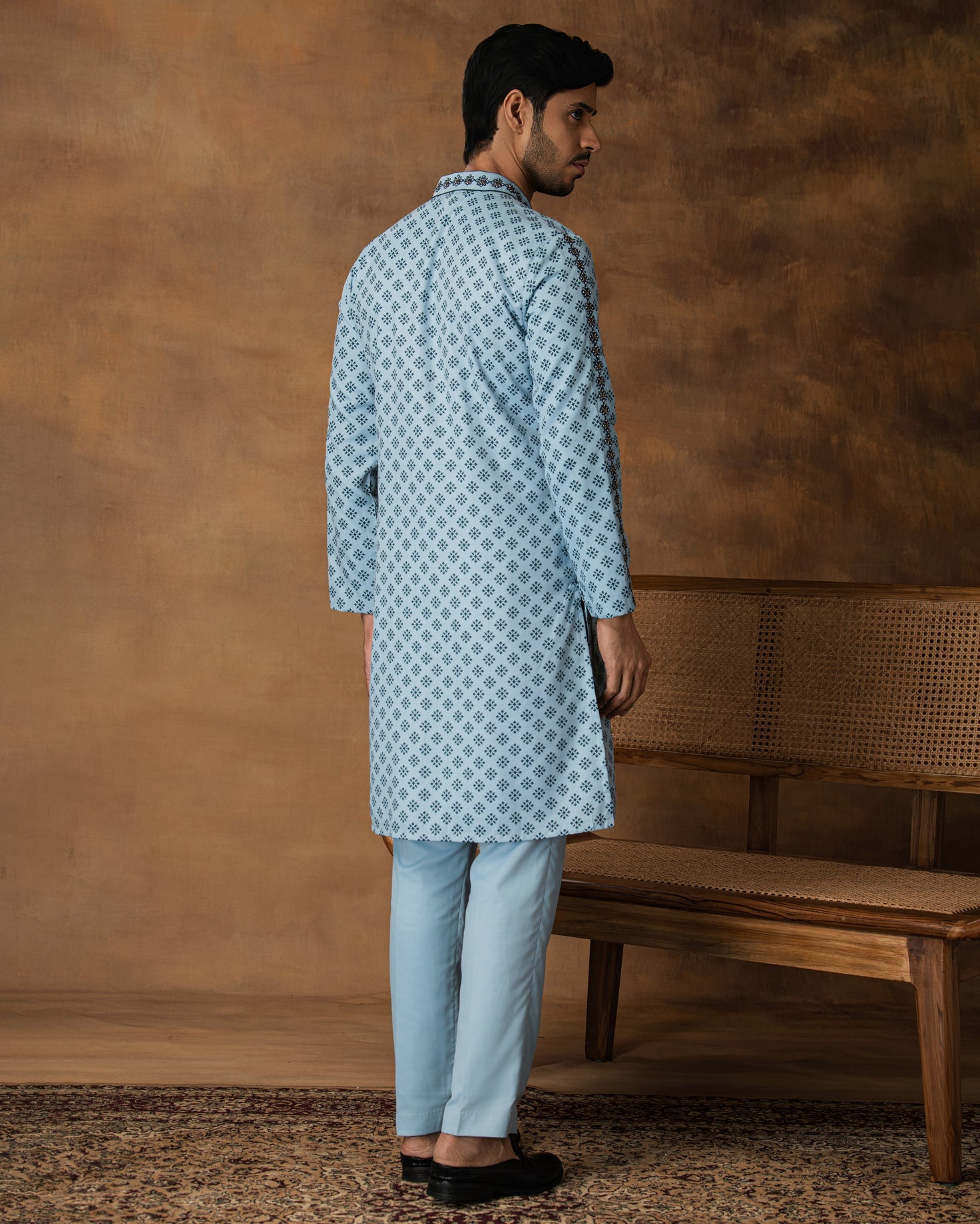 Powder Blue Booti Print Kurta Set For Men Back View
