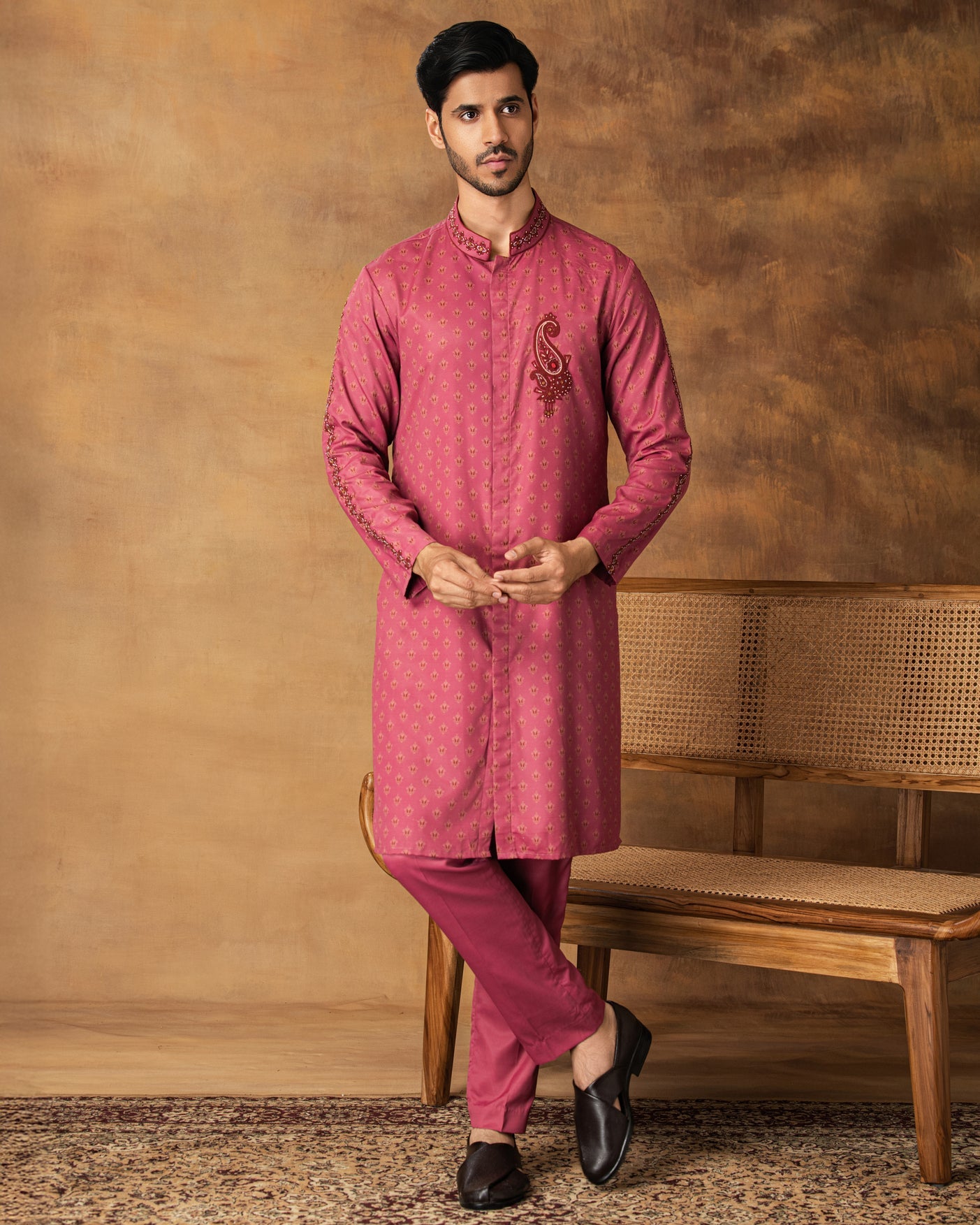 Onion Pink Booti Print Kurta Set For Men Front View