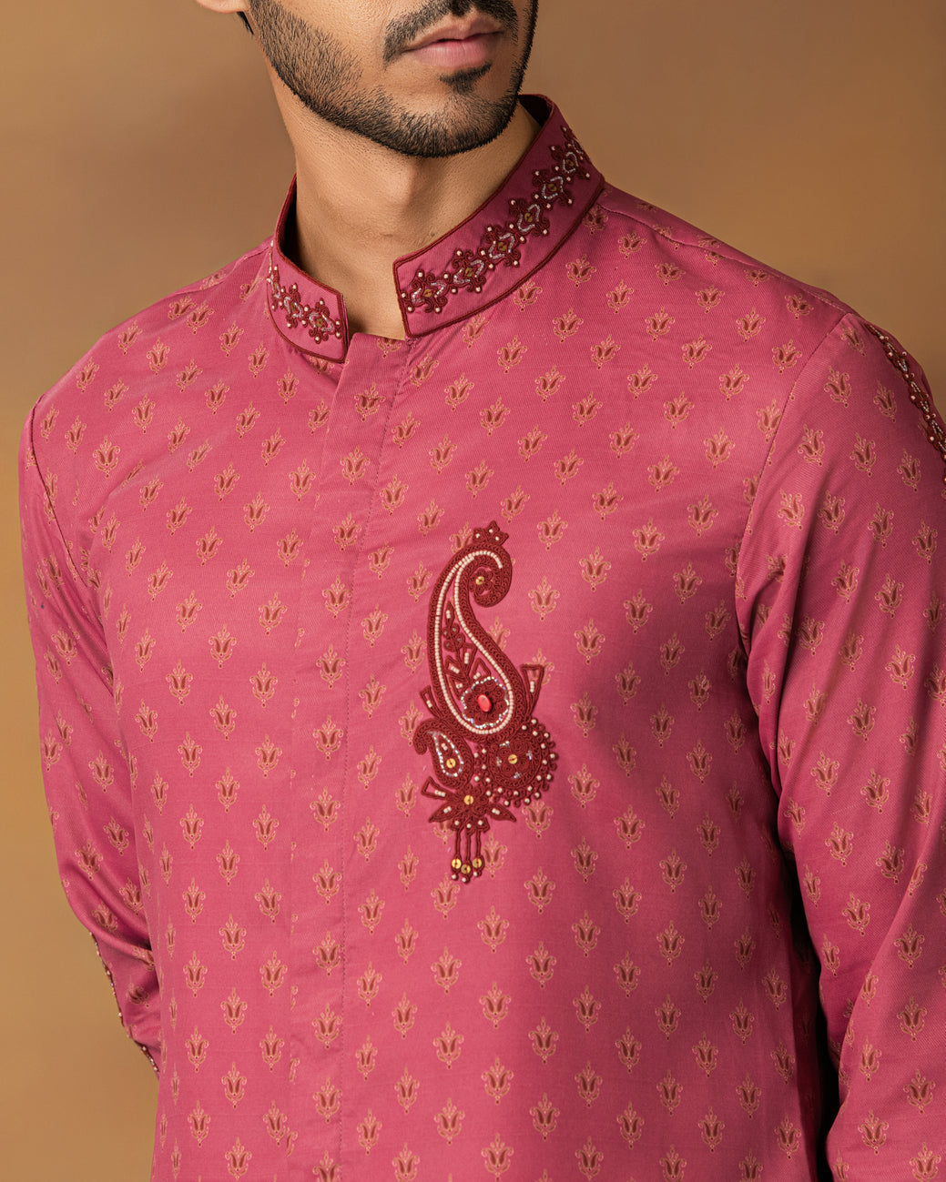 Onion Pink Booti Print Kurta Set For Men Close View