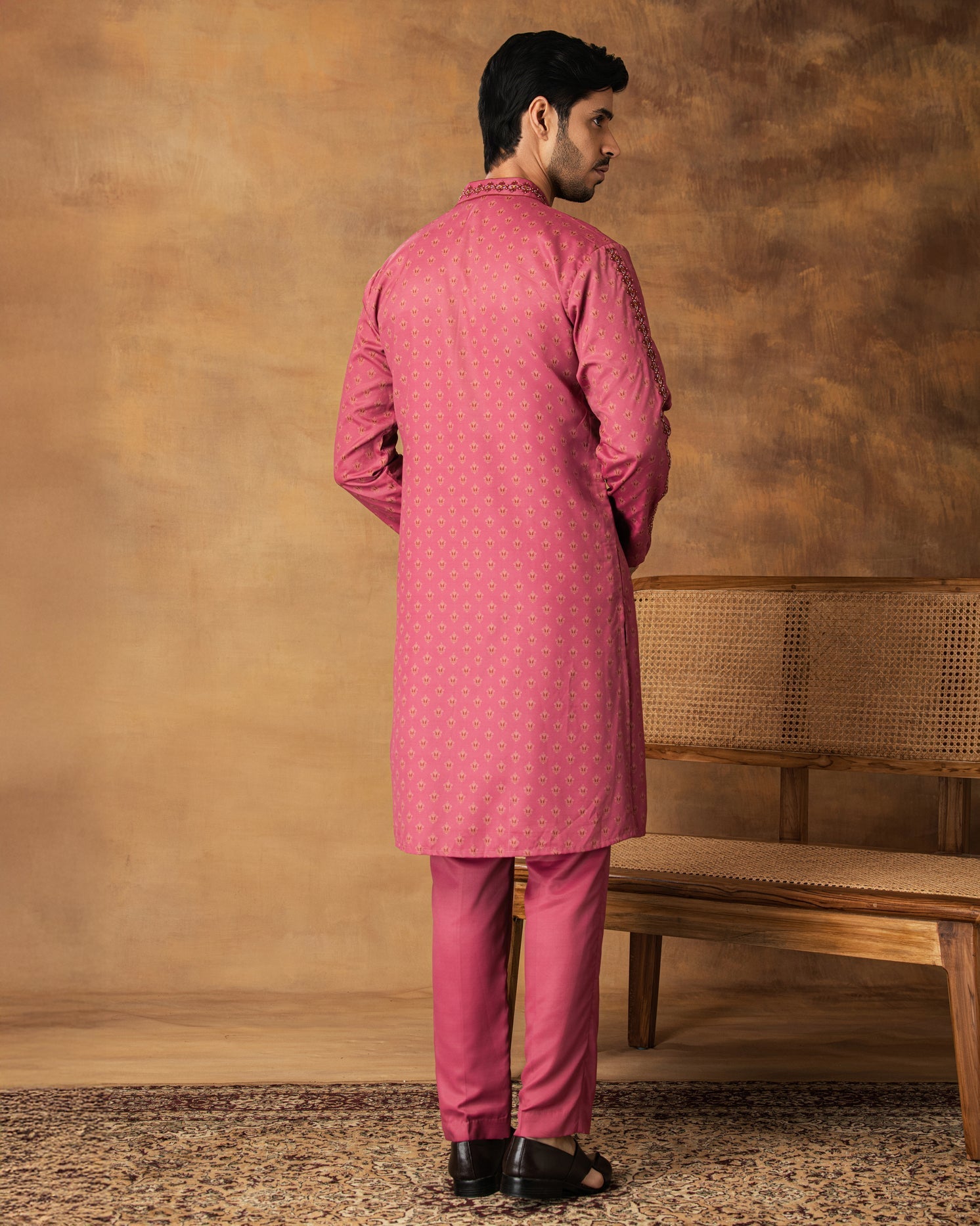 Onion Pink Booti Print Kurta Set For Men Back View