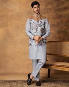 Grey Floral printed Nehru Jacket Set Front View