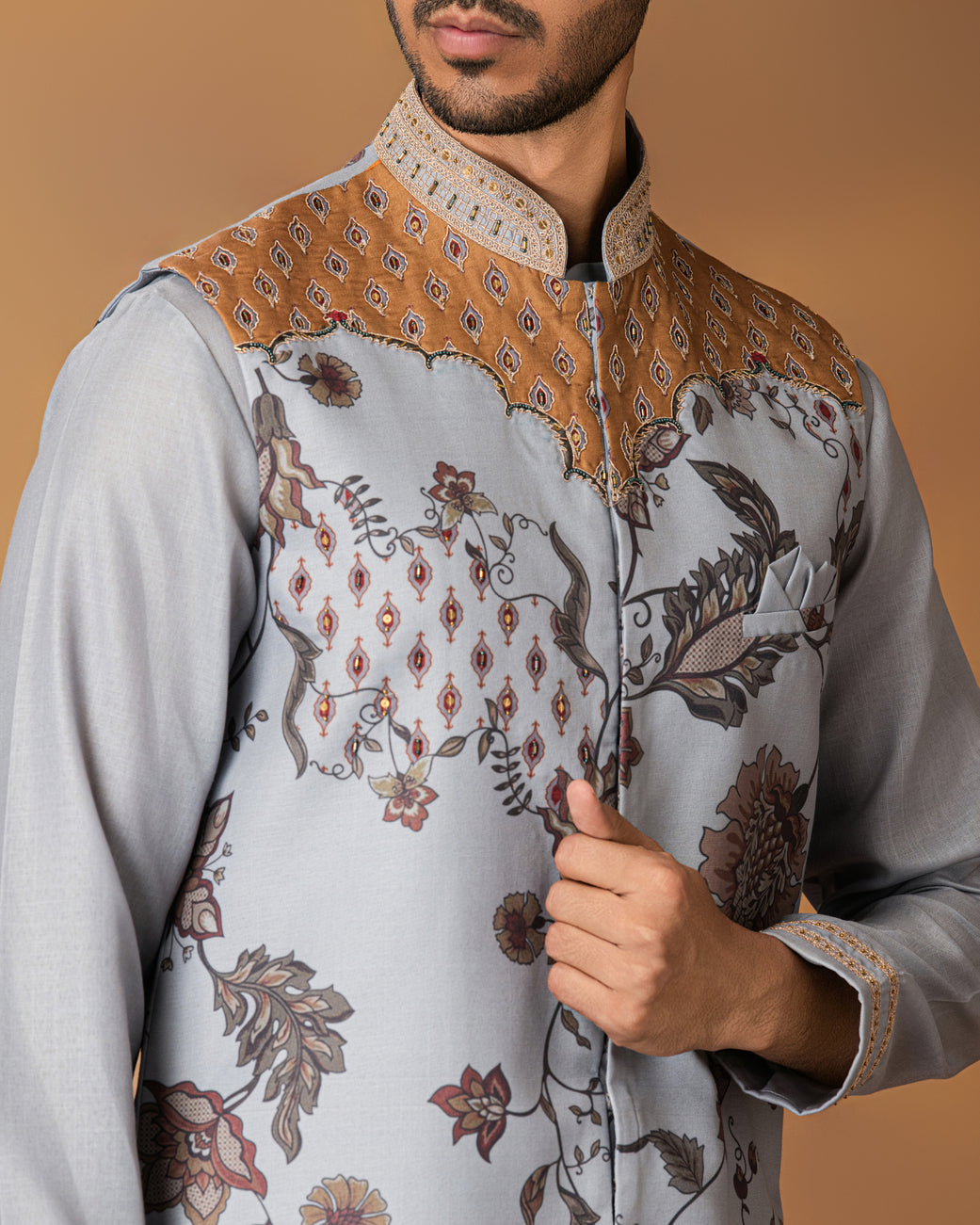 Grey Floral printed Nehru Jacket Set Close View