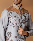 Grey Floral printed Nehru Jacket Set Close View