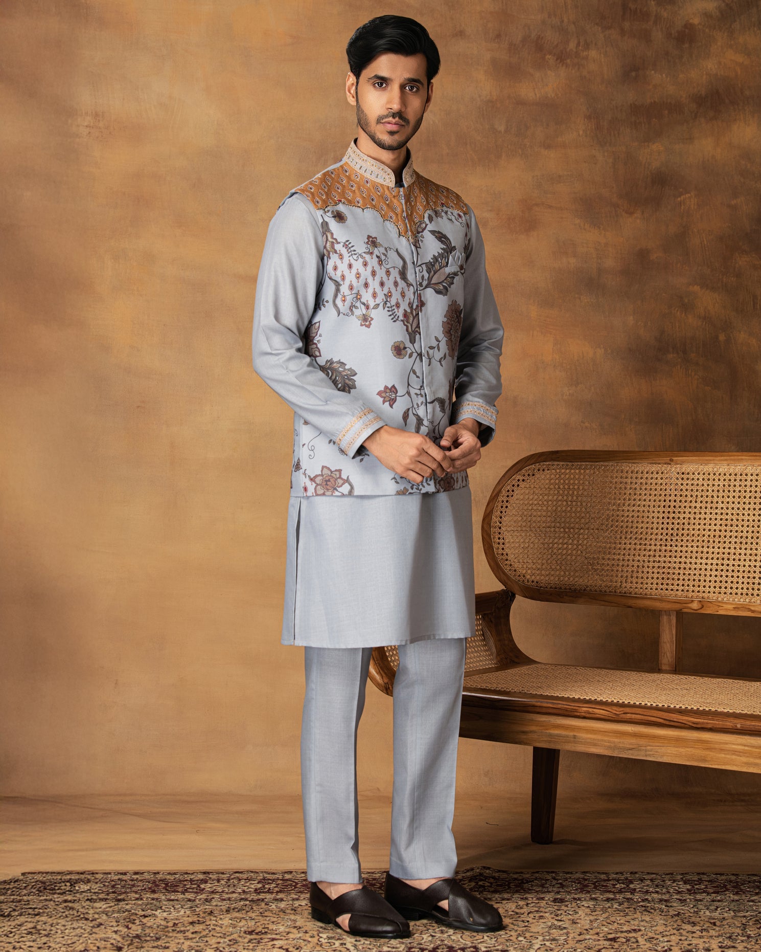Grey Floral printed Nehru Jacket Set Side View