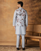 Grey Floral printed Nehru Jacket Set Back View