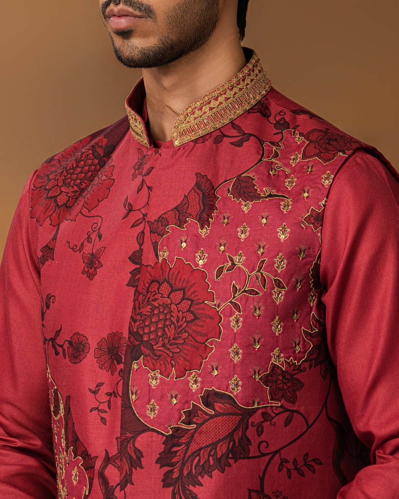 Onion Pink Floral printed Nehru Jacket Set Close View