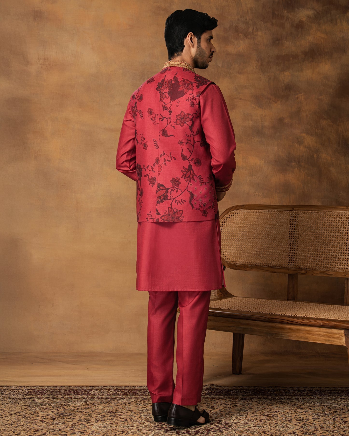 Onion Pink Floral printed Nehru Jacket Set Back View