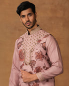 Pastel Pink Floral printed Nehru Jacket Set Close View
