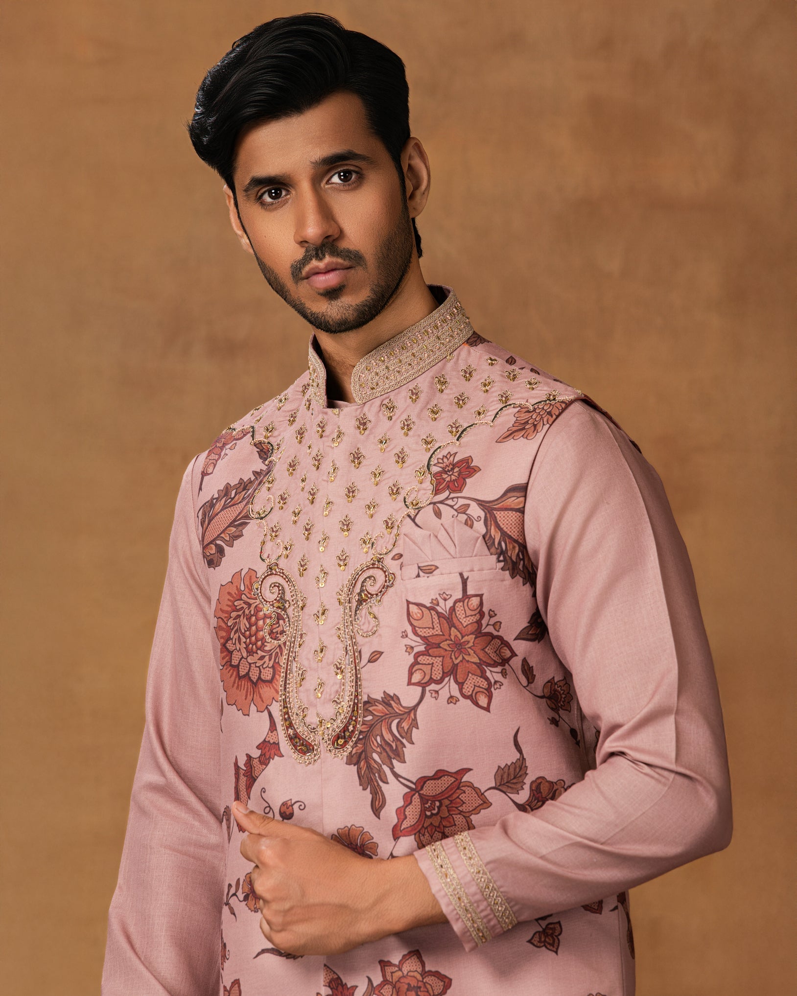 Pastel Pink Floral printed Nehru Jacket Set Close View