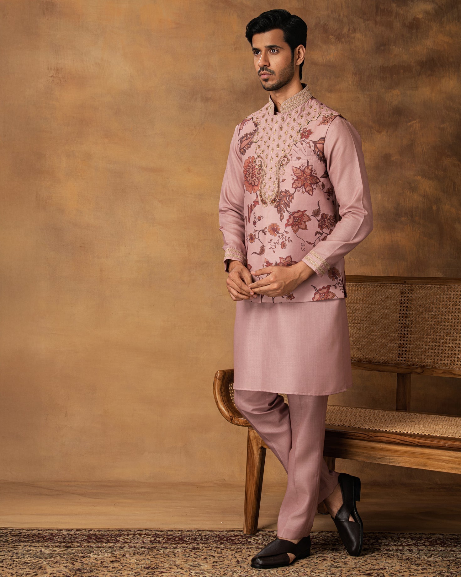 Pastel Pink Floral printed Nehru Jacket Set Side left View