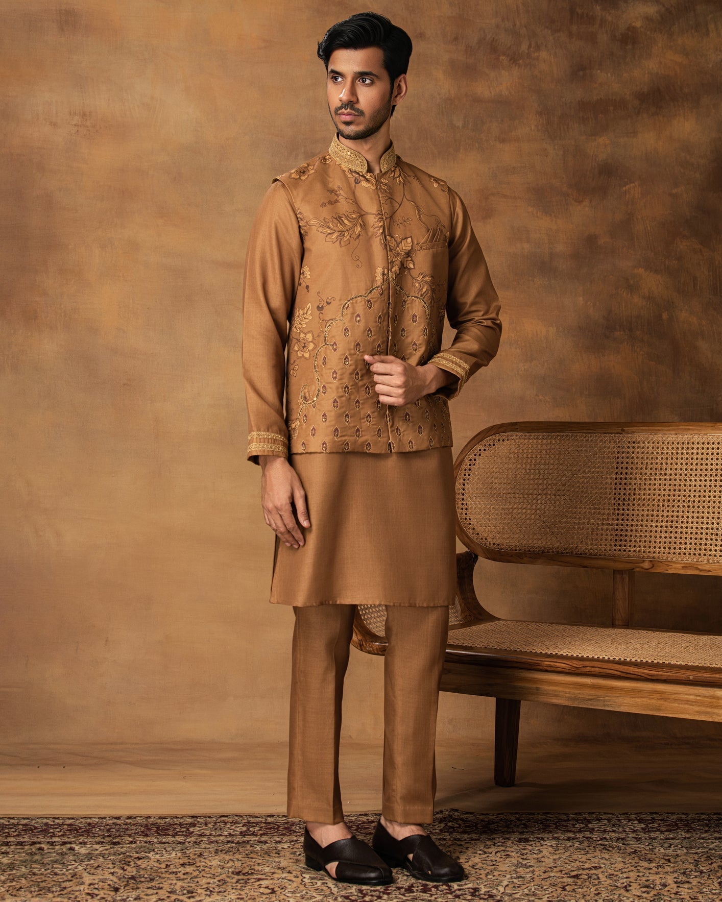 Golden Floral printed Nehru Jacket Set Front View