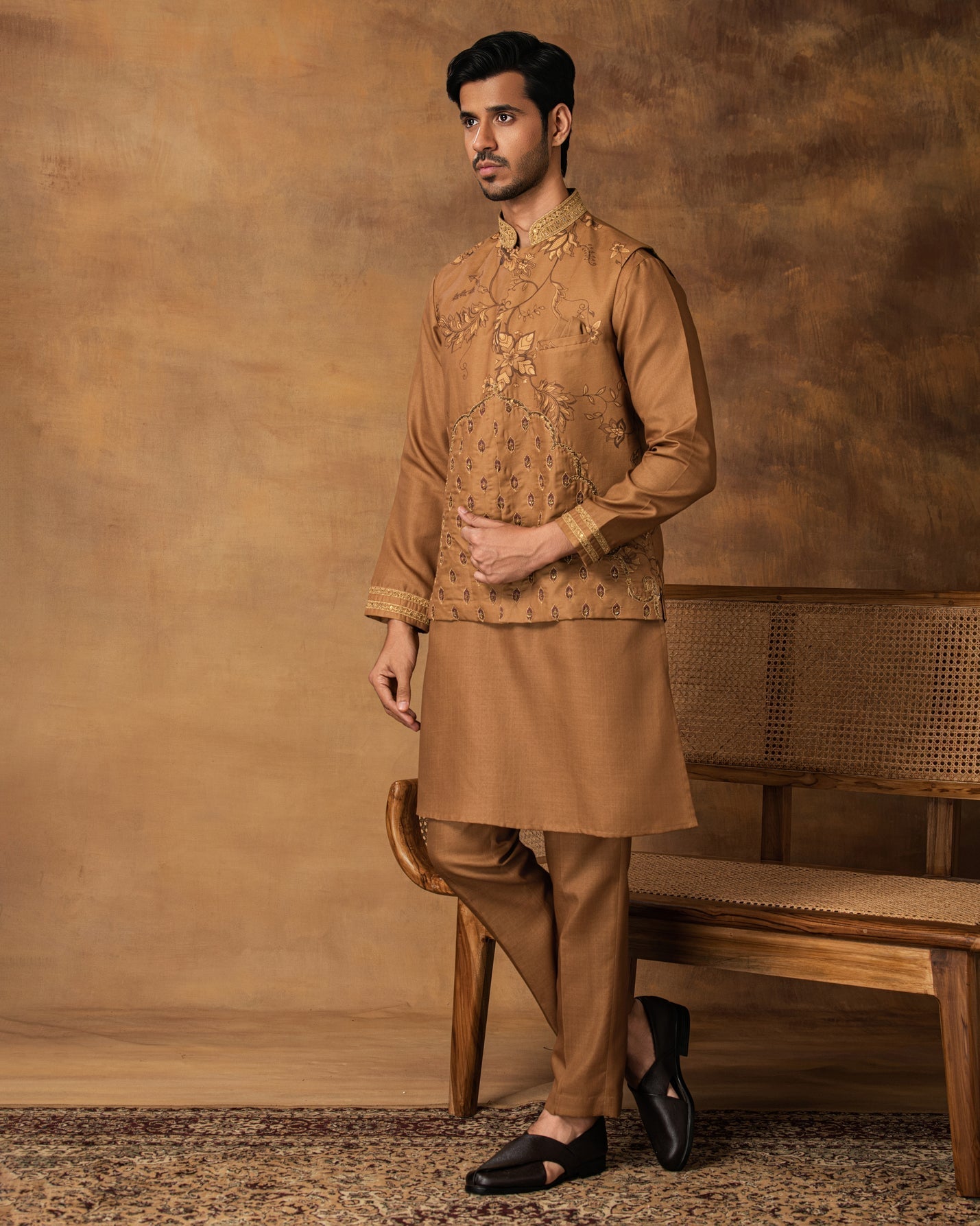 Golden Floral printed Nehru Jacket Set Side View