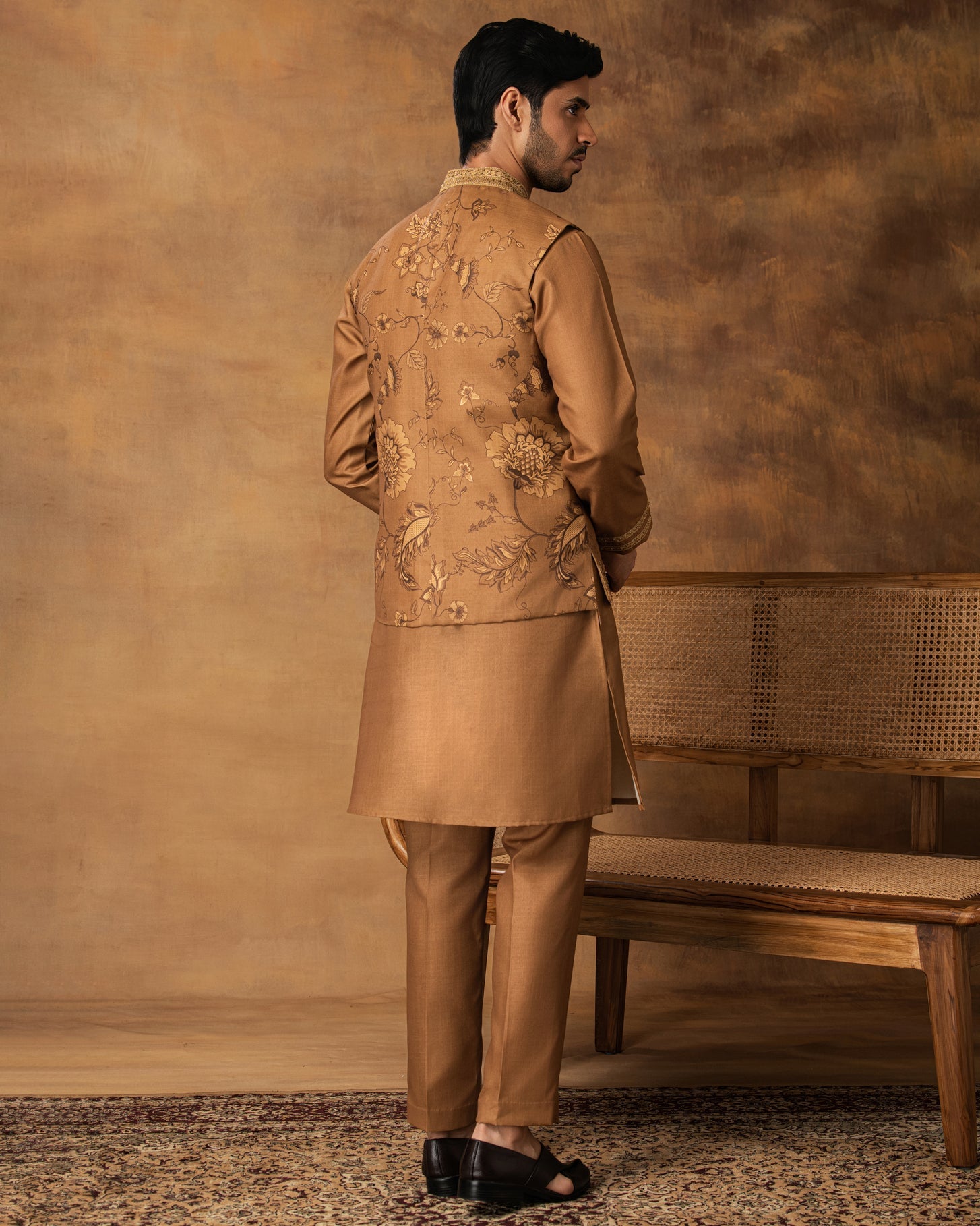 Golden Floral printed Nehru Jacket Set Back View