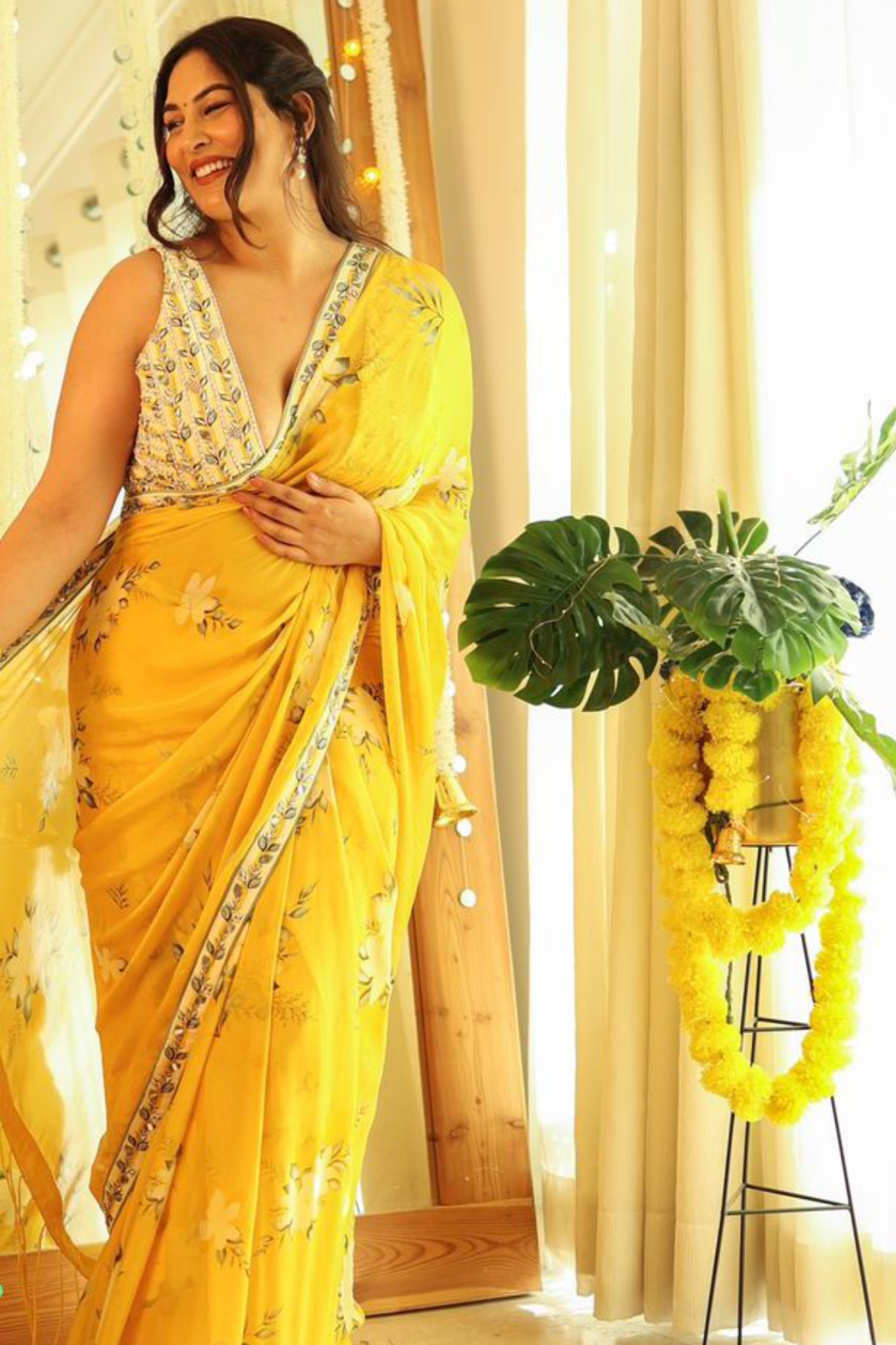 Sakshi Sindwani in Yellow printed embroidered saree set