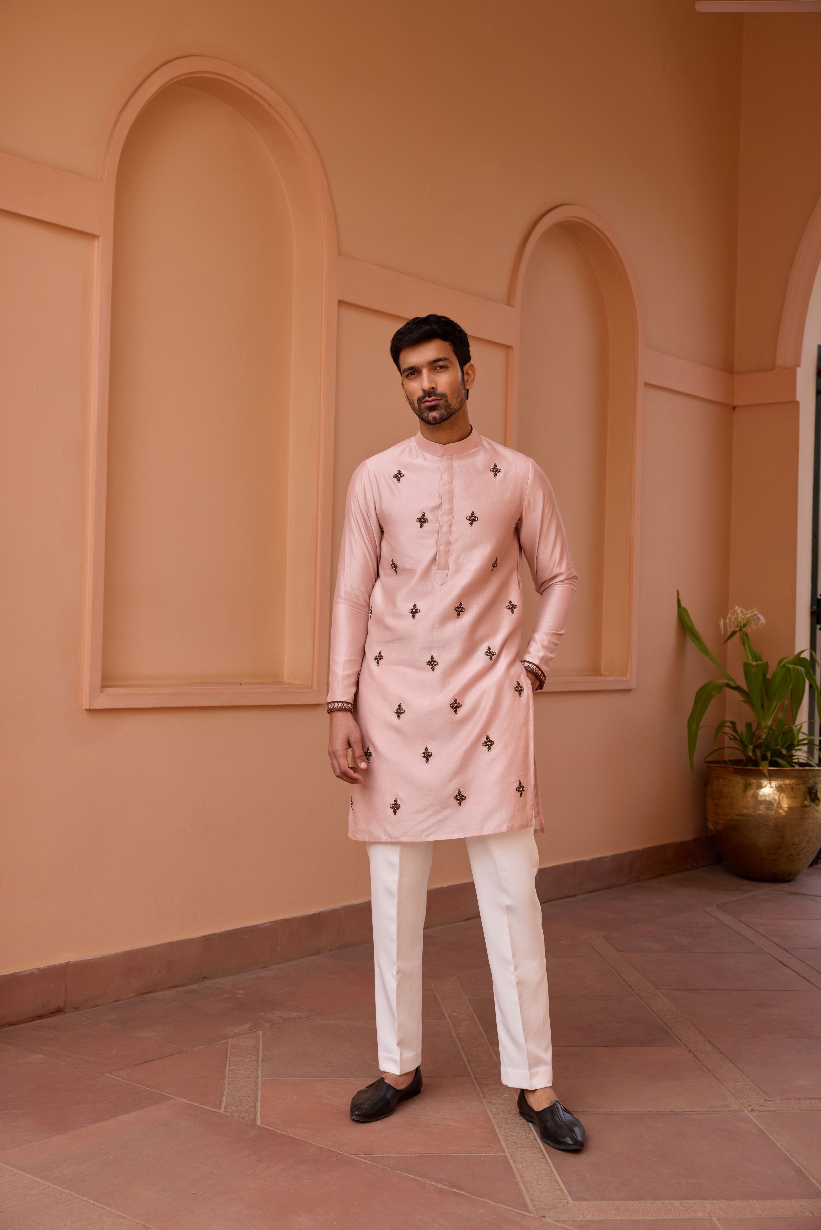 Dusty pink dori and hand embroidered kurta set