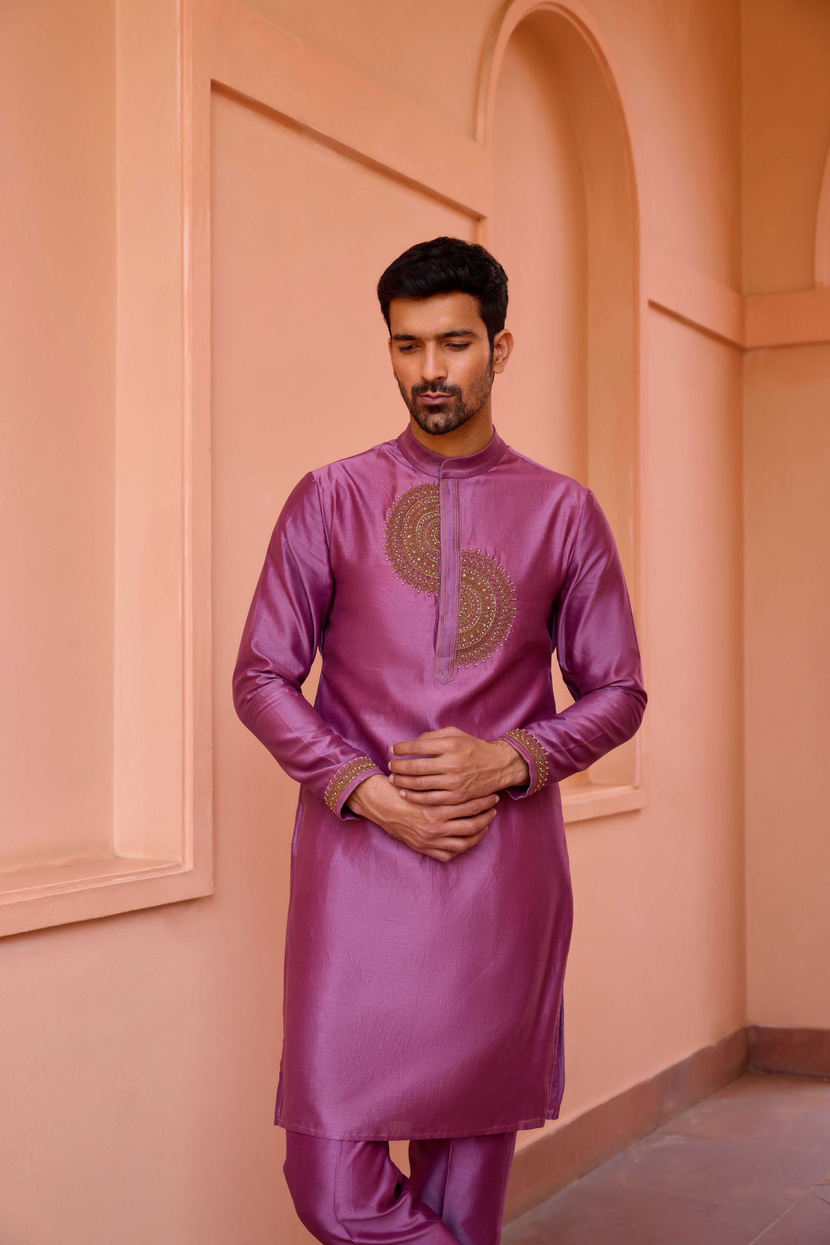 Plum earthy pink dori and hand embroidered silk kurta