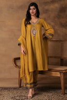 Ambar Golden Yellow Silk Embroidered Kurta Set with Organza Dupatta – Front View
