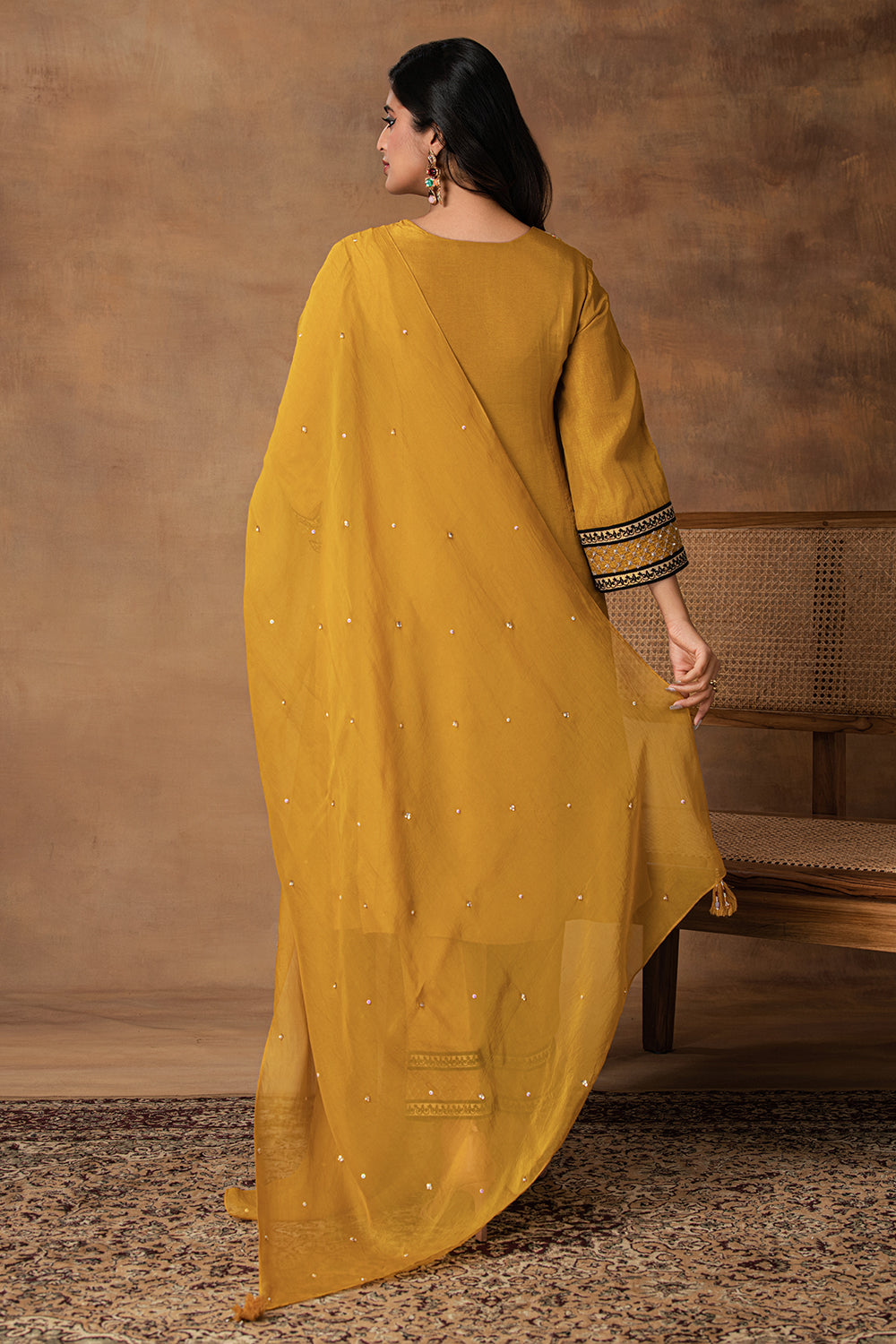 Ambar Golden Yellow Silk Embroidered Kurta Set with Organza Dupatta – Close-Up View