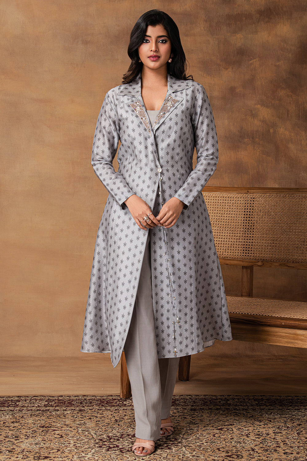 Chaand Grey Printed Booti Chanderi Jacket Style Kurta Set – Front View