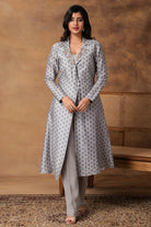 Chaand Grey Printed Booti Chanderi Jacket Style Kurta Set – Front View