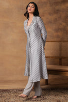 Chaand Grey Printed Booti Chanderi Jacket Style Kurta Set – Left Side View