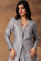 Chaand Grey Printed Booti Chanderi Jacket Style Kurta Set – Close-up View