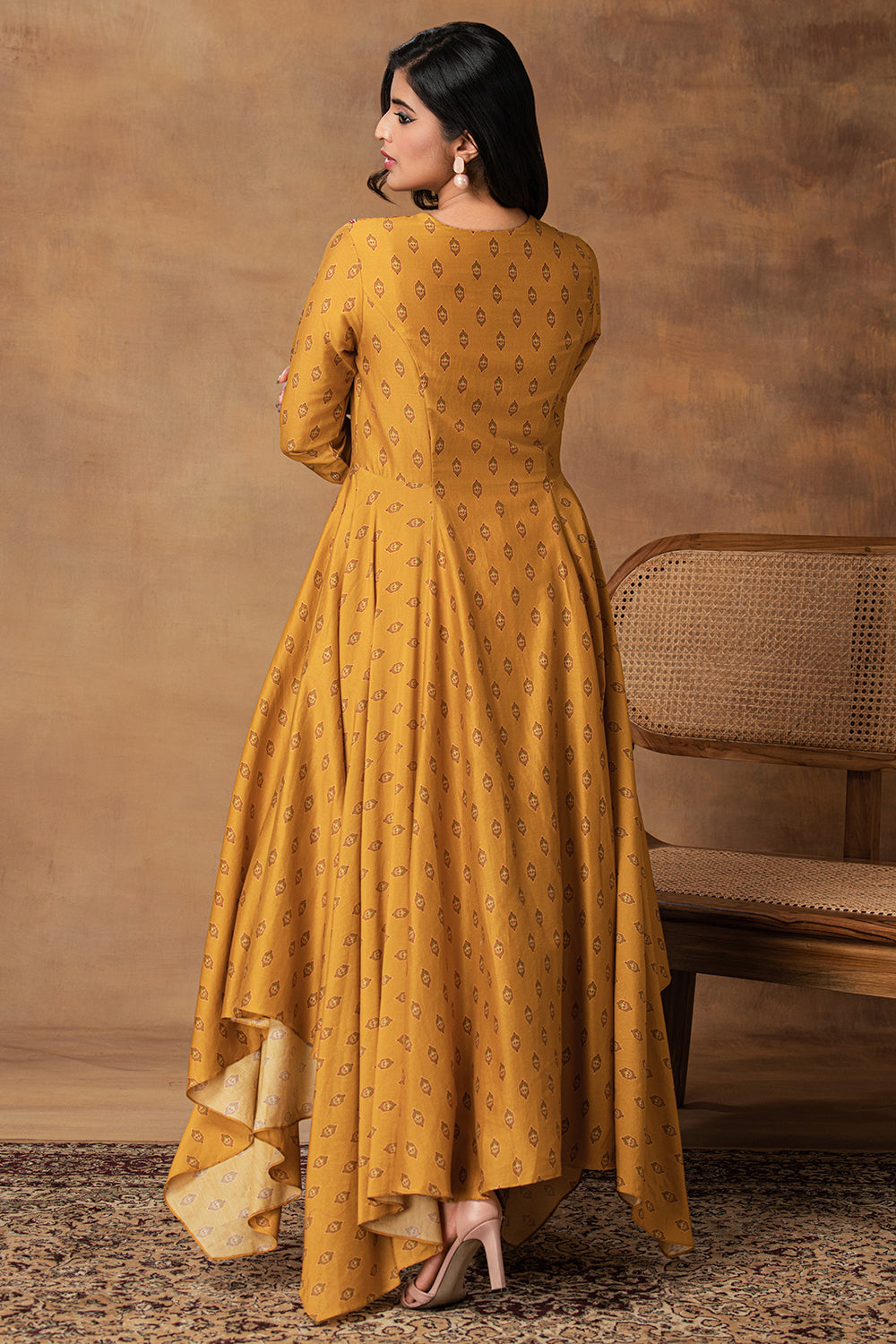 Ghazal Mustard Gold Chanderi Asymmetric Kurta Set – Close-up View
