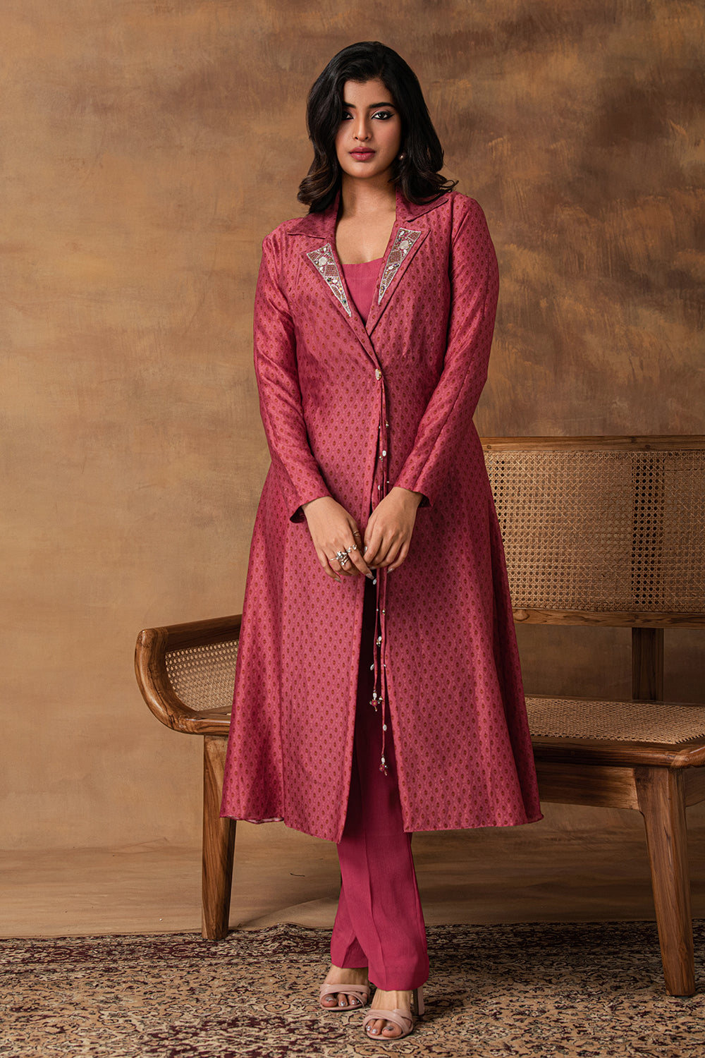 Gul Pink Printed Booti Chanderi Jacket Style Kurta Set – Front View