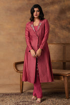Gul Pink Printed Booti Chanderi Jacket Style Kurta Set – Front View