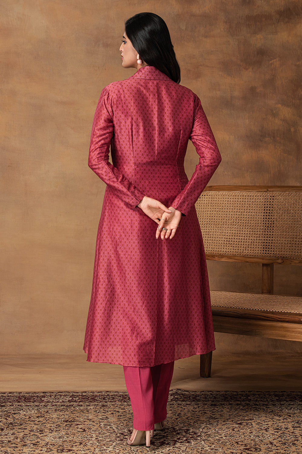 Gul Pink Printed Booti Chanderi Jacket Style Kurta Set – Close-up View