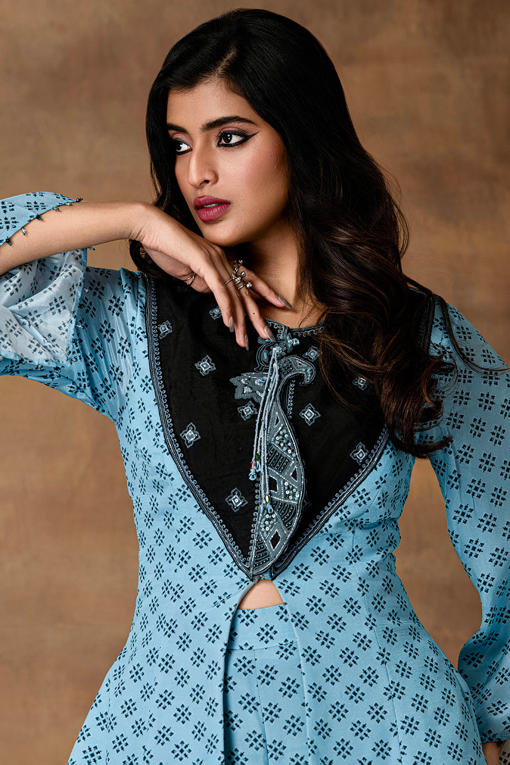 Jashn Powder Blue Printed Crepe Peplum Co-Ord Set – Close-up View