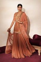 Woman in a metallic mocha  traditional outfit standing againsta beige wall on a red carpet.