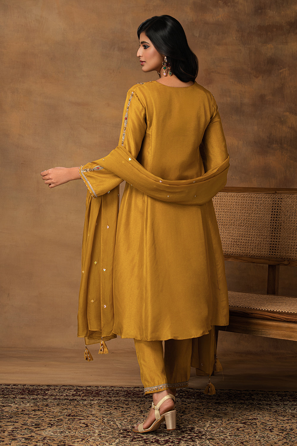 Rajsi Golden Yellow Silk Embroidered Kurta Set with Organza Dupatta – Close-Up View