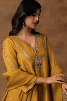 Rajsi Golden Yellow Silk Embroidered Kurta Set with Organza Dupatta – Back View