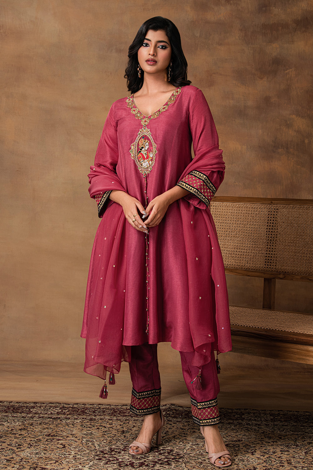 Rosa Pink Silk Embroidered Kurta Set with Organza Dupatta – Front View