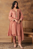Shyaamras Mocha Pink Silk Embroidered Kurta Set with Organza Dupatta – Side View