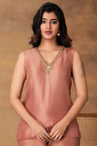 Shyaamras Mocha Pink Silk Embroidered Kurta Set with Organza Dupatta – Close-Up View